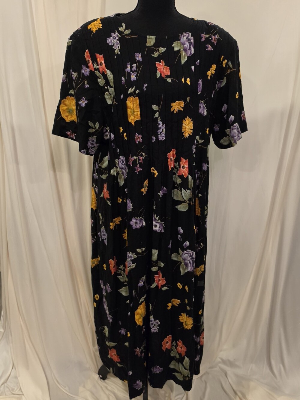 Vtg Positive Attitude Black Floral Pintuck Maxi Dress 16 90s Rayon Cottagecore